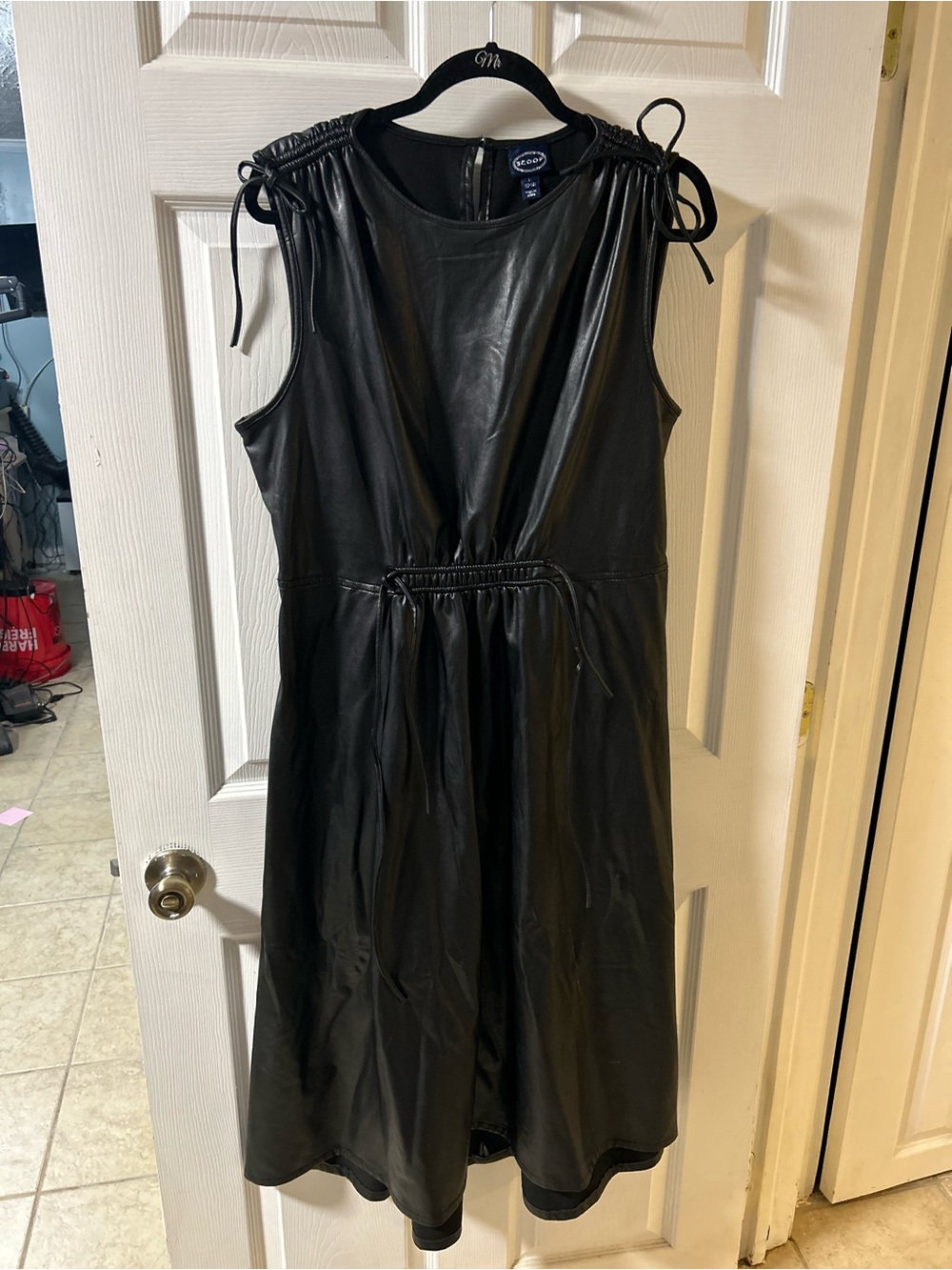 Scoop Women Faux Leather Midi Dress Black Finish and Functional Tie-shoulders L